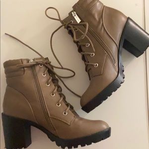 Lugged Sole Lace up Chunky Heel Booties